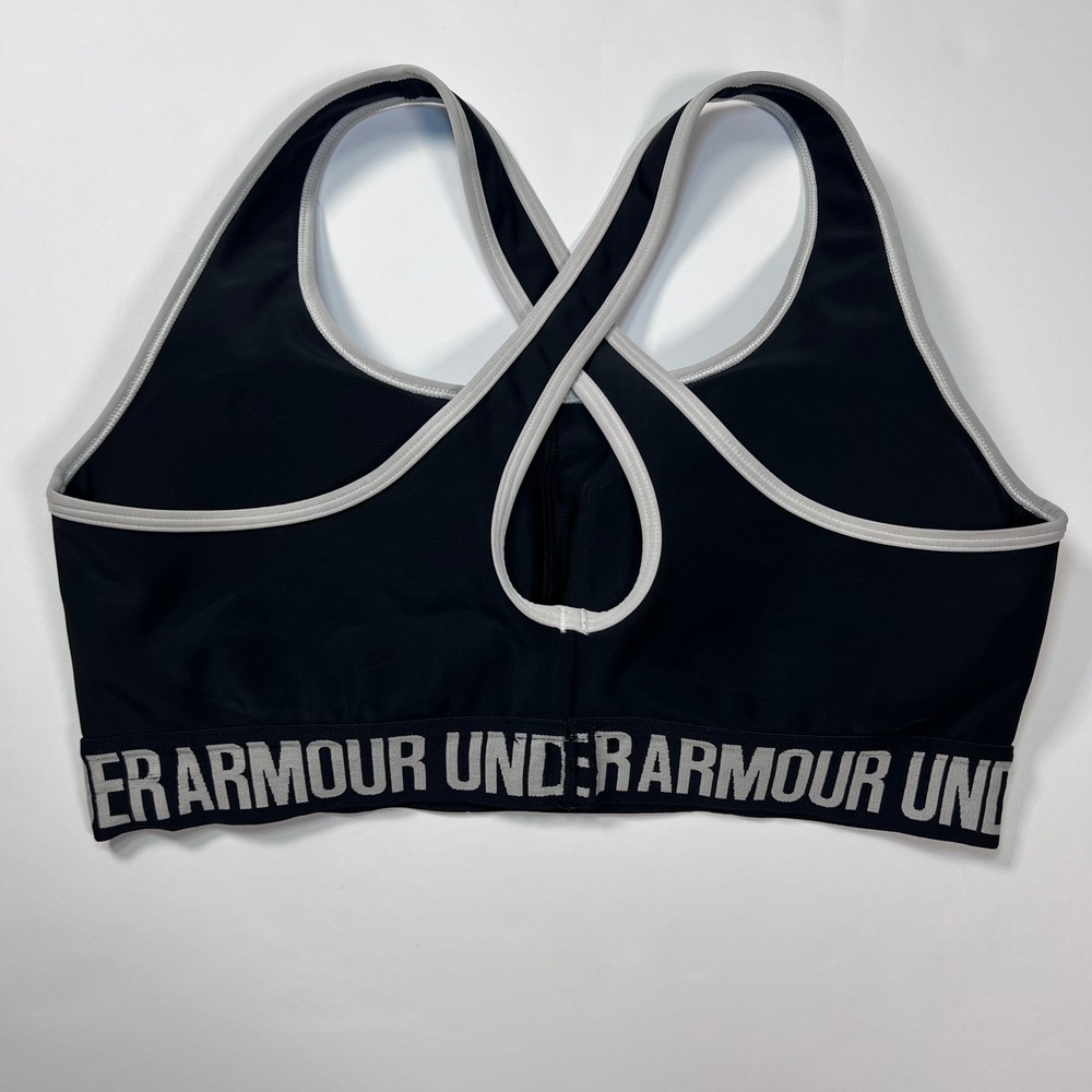 Under Armour Mid Keyhole Sports Bra Size Large Black Gray Logo Band - Picture 2 of 9